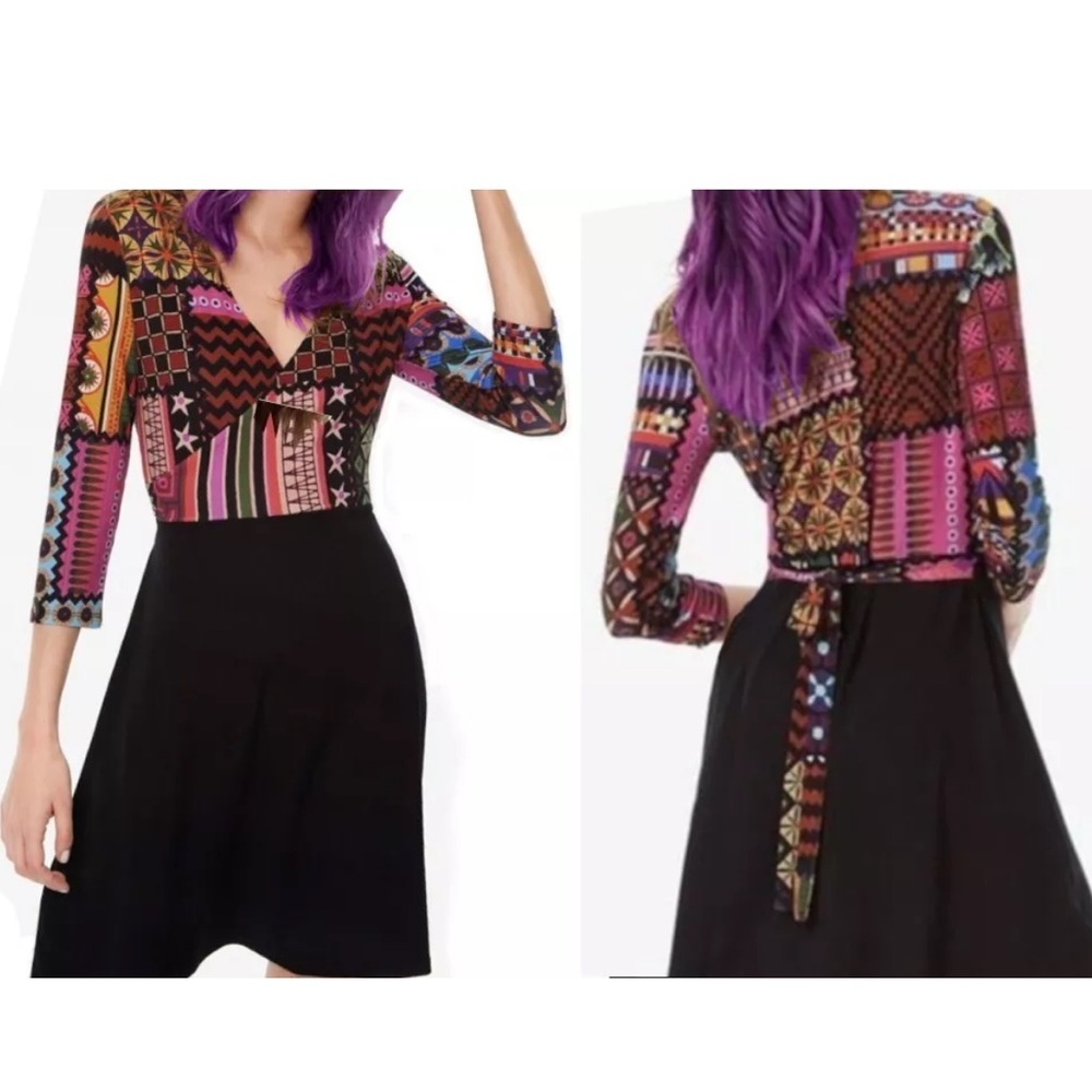 Desigual Pink and Black A-Line Dress with Plunge Neckline